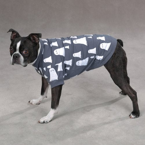 Boston terrier standing in the grey ghost tee, side view