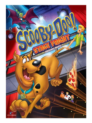 Cartoon DVD cover with a dog running across a stage under a flying phantom
