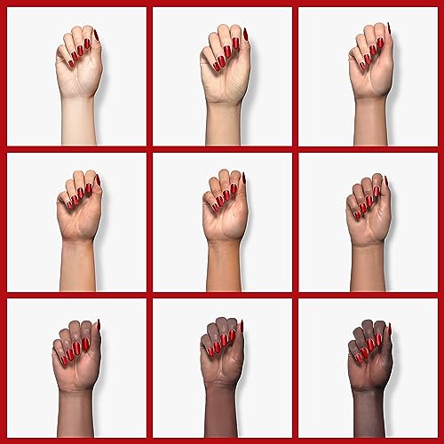Red polish shown on nine hands across a range of skin tones