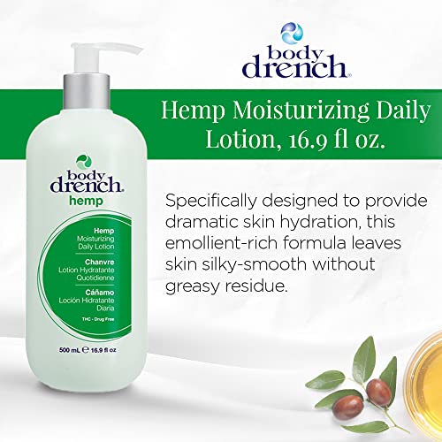 Body Drench hemp lotion bottle with a description of its hydrating formula