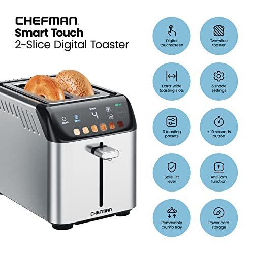 Toaster with bagels beside ten feature icons, from touchscreen to cord storage