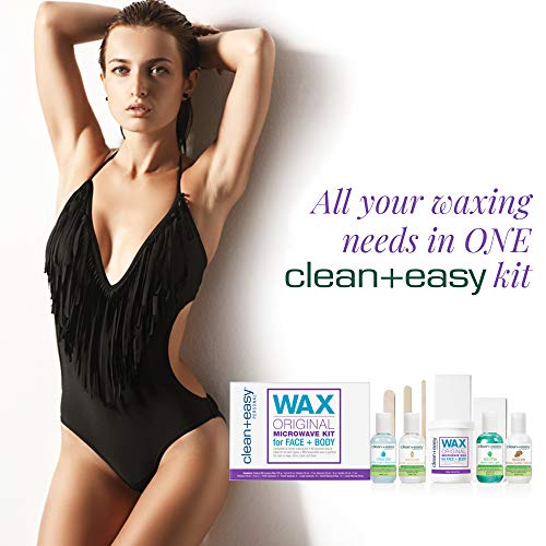 Woman in a black fringed swimsuit beside the microwave wax kit contents