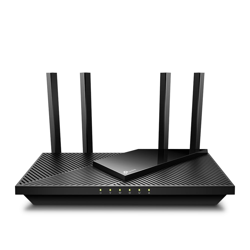 Black WiFi 6 router with four antennas and a row of green status lights