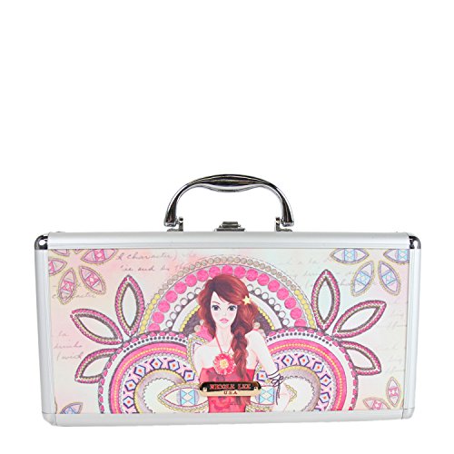 Silver Nicole Lee brush case with a carry handle and a pink illustrated girl print