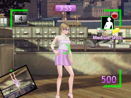 Photo shoot gameplay on a city rooftop calling for a medium shot