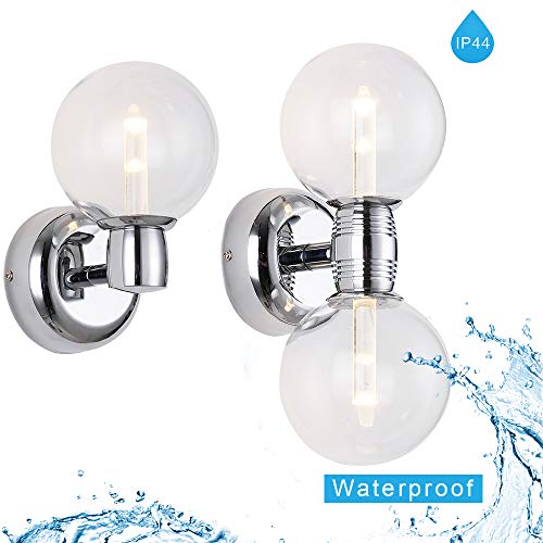 Single and double clear globe sconces with an IP44 waterproof splash graphic