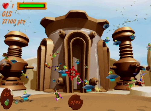 Crosshair over a swarm of chickens on saucers by a domed building