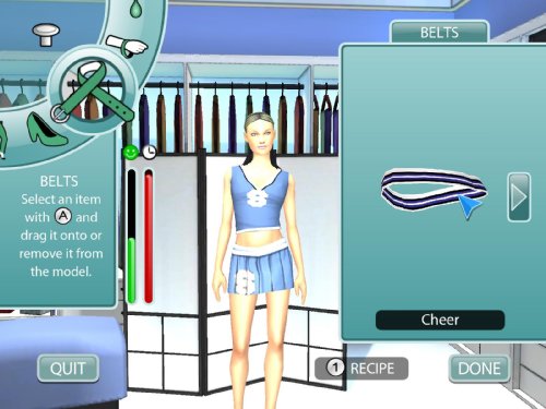 Design screen choosing a striped belt for a blue cheer outfit