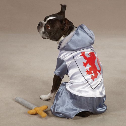Boston terrier in a silver knight costume looking back over its shoulder