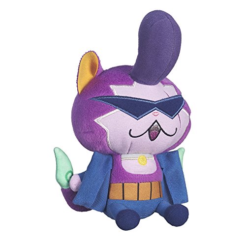 Purple cat plush with a pompadour, sunglasses and a blue jacket, side view
