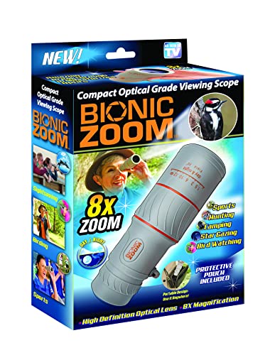 Bionic Zoom 8x compact viewing scope box with a woodpecker and protective pouch callout