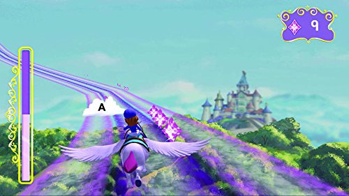 Princess flying a winged horse toward a castle collecting gems