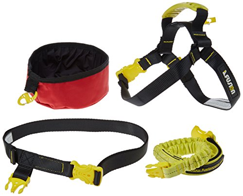 Black and yellow dog harness, waist belt, bungee leash and red collapsible bowl