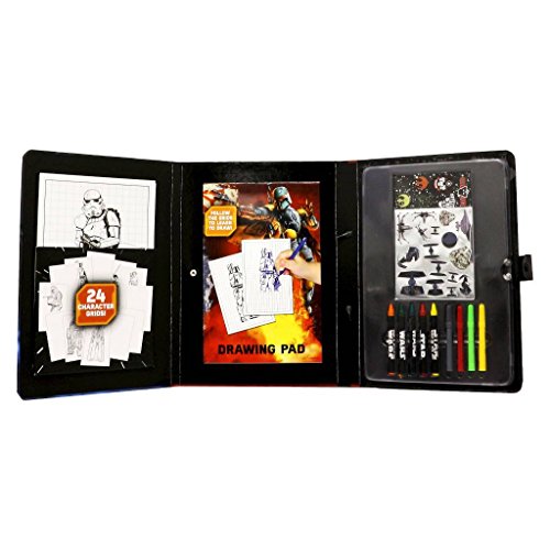 Open drawing portfolio with character grid cards, drawing pad, stickers and crayons