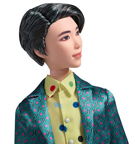 Close-up of the BTS RM doll face, dark hair and polka dot shirt collar, turned to the right
