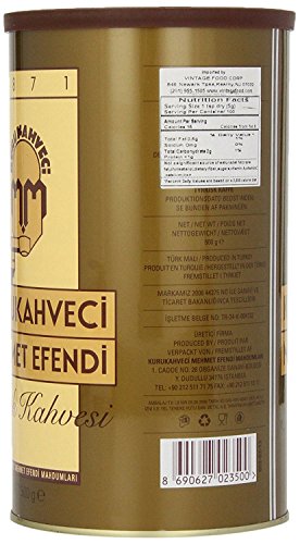 Side of the Kurukahveci Mehmet Efendi coffee tin with nutrition facts and barcode