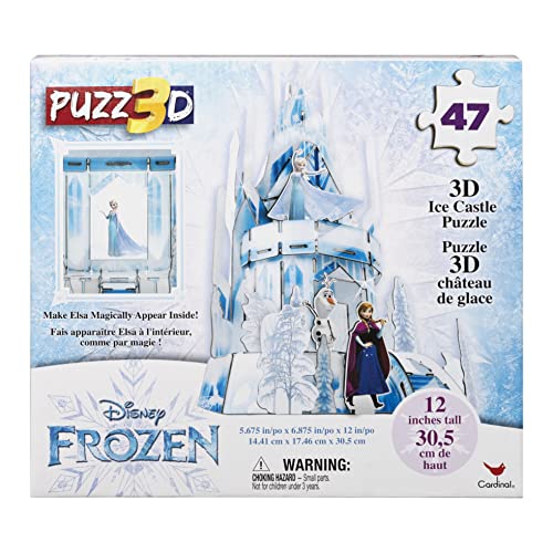 Box for a 47 piece 3D ice castle puzzle with Elsa, Anna and Olaf, 12 inches tall