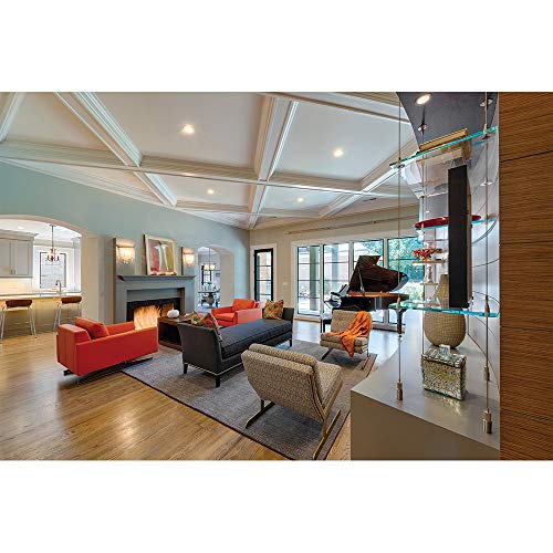 Open living room with fireplace and coffered ceiling lit by recessed downlights