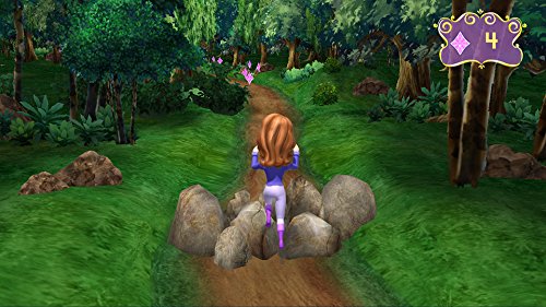Princess running down a forest path past a cluster of boulders