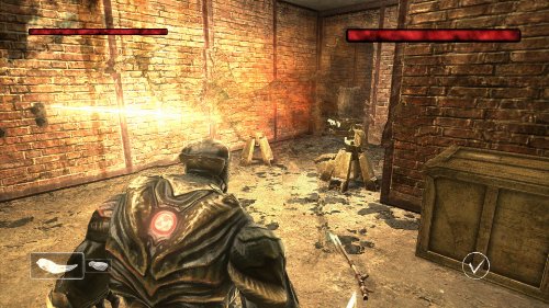 MorphX gameplay: an armored player aiming down a brick corridor at enemy turrets
