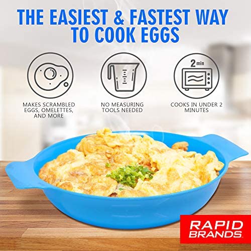 Blue egg cooker bowl full of scrambled eggs with green onion, cooks in under 2 minutes