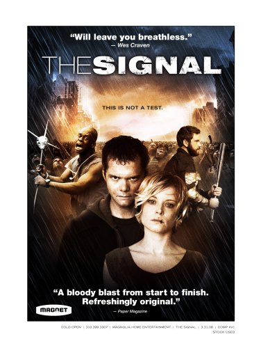 The Signal movie cover with a young couple in front of weapon-wielding figures in the rain