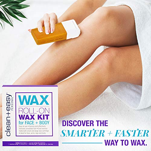 Roll-on wax cartridge gliding over a leg beside the wax kit box