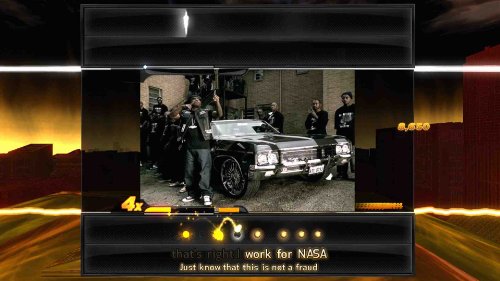 Rap game screen with a music video of a crew by a classic car and lyric bar