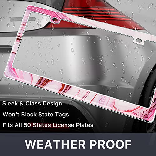 Pink marble plate frame with water droplets on a grey car, weather proof