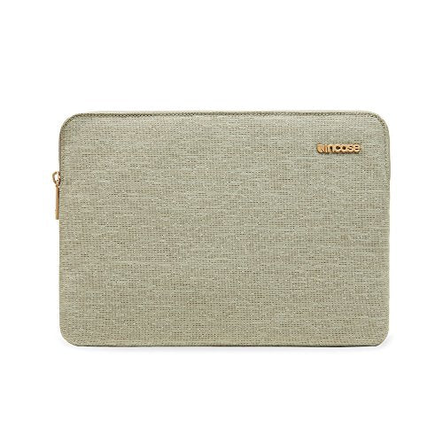Heathered khaki Incase slim sleeve for 12-inch MacBook with rose gold zipper and lettering