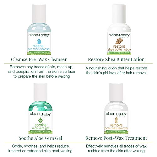 Four bottles: pre-wax cleanser, shea butter lotion, aloe gel and post-wax remover