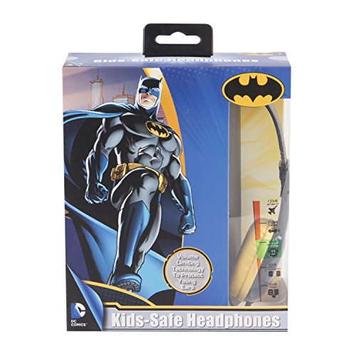 Side of the Batman headphones box with Batman standing over a city
