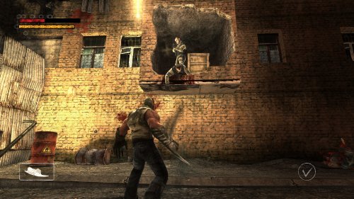 MorphX gameplay: a soldier with a blade arm in a brick alley as an enemy drops in