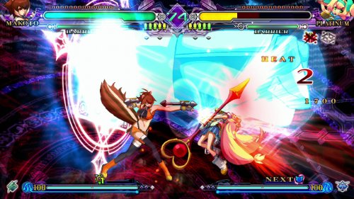 Fighting game screen of a squirrel-tailed fighter clashing with a staff user