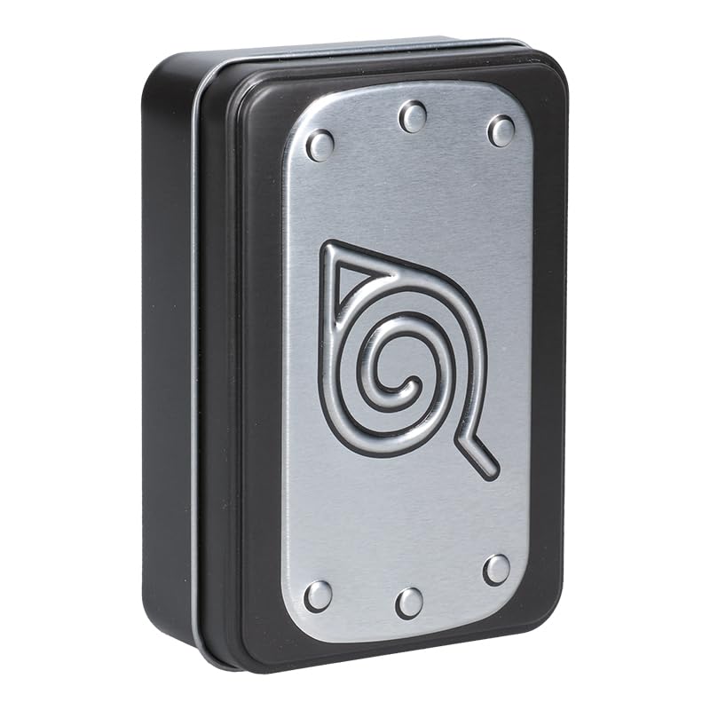 Black tin with a riveted silver plate and embossed leaf swirl symbol