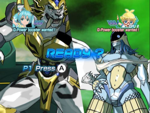 Ready screen with a gold armored lion beast facing a pale serpent beast