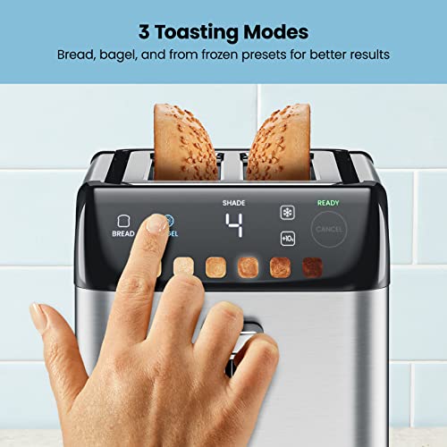 Finger tapping the bagel setting on the toaster's touch panel