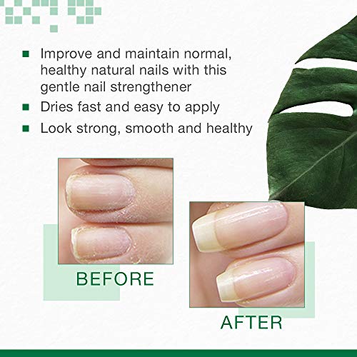 Before and after photos of natural nails beside a list of benefits