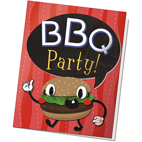 Sample BBQ Party card with a cartoon burger character