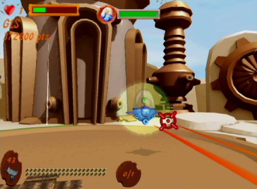 Shooter gameplay aiming at a flying saucer by a copper tower