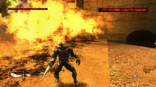 MorphX gameplay: an armored alien hybrid walking through a wall of fire