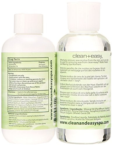 Backs of the numbing solution and after-wax remover bottles