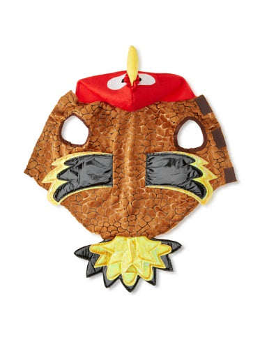 Turkey pet costume laid flat with red hood, brown wings and yellow tail