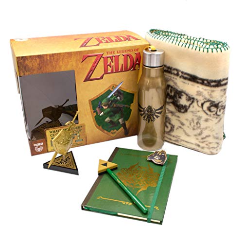 Zelda collector box with shield statue, water bottle, map blanket, journal, pen and pin