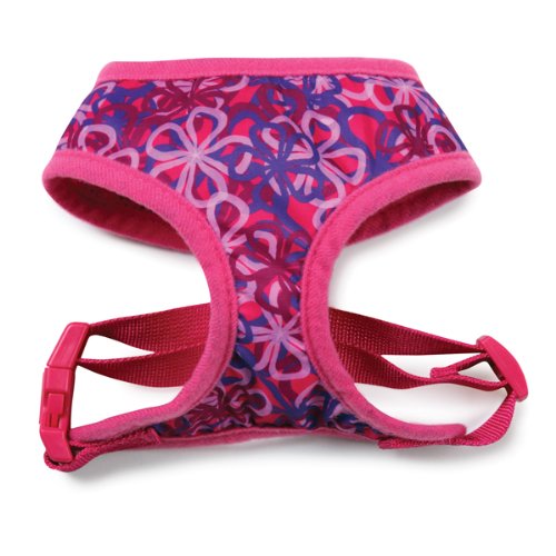 Pink and purple flower print padded dog harness with pink trim