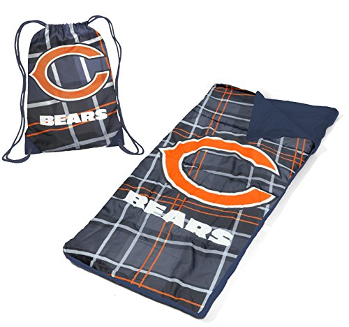 Navy plaid Chicago Bears sleeping bag with matching drawstring backpack