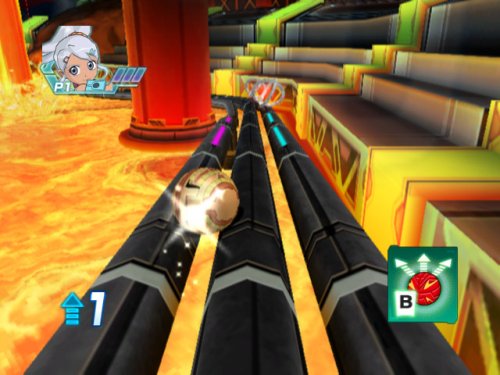 Gameplay of a ball rolling down a rail track over lava