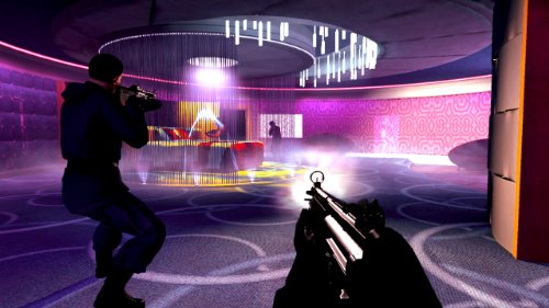 Agent with a rifle in a purple-lit nightclub with a bead curtain