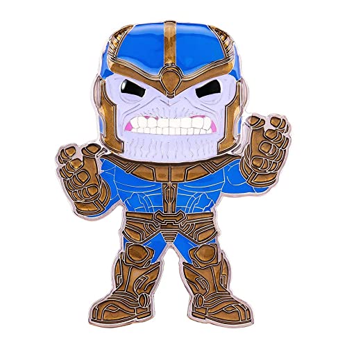 Enamel pin of a purple-faced titan in a blue and gold helmet and armor