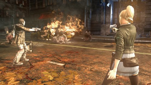 Hero and partner with pistols beside a burning car on a street